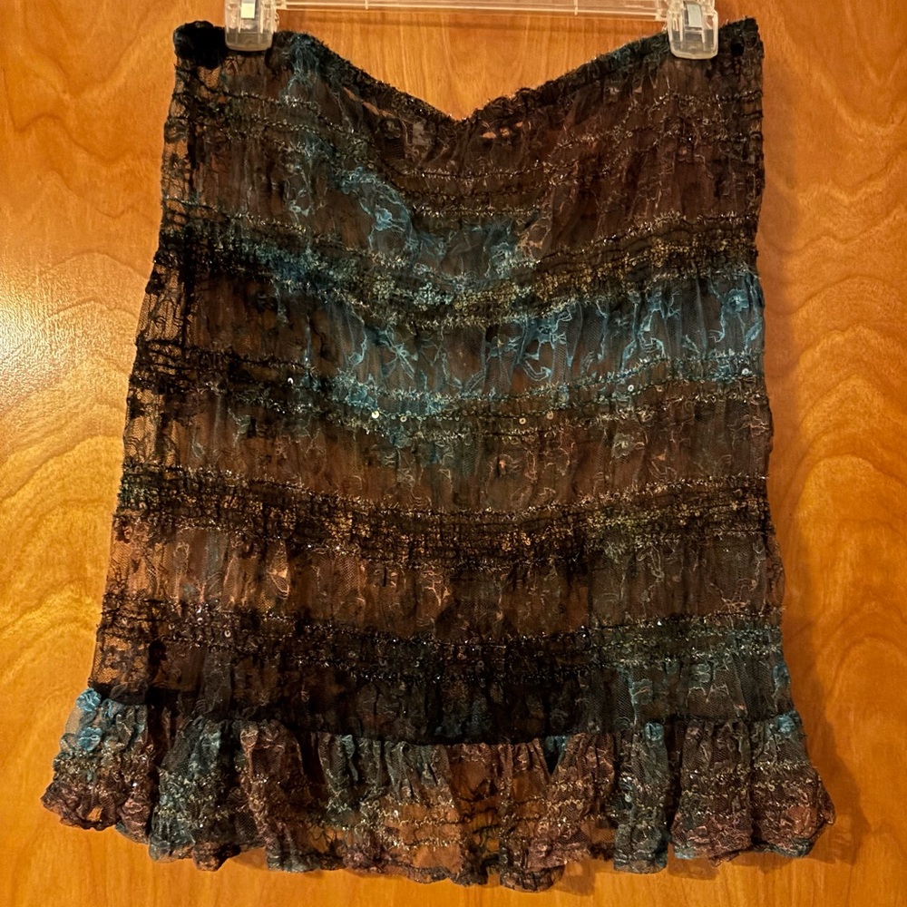 Lace Midi Skirt in Brown and Blue